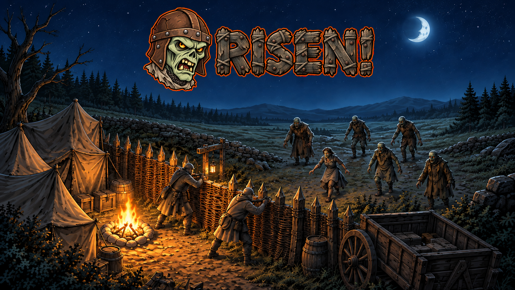 RISEN! A medieval camp at night, its fire burning under a dark sky.