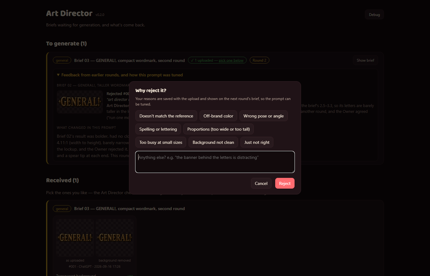 The Art Director app learns from rejections screenshot