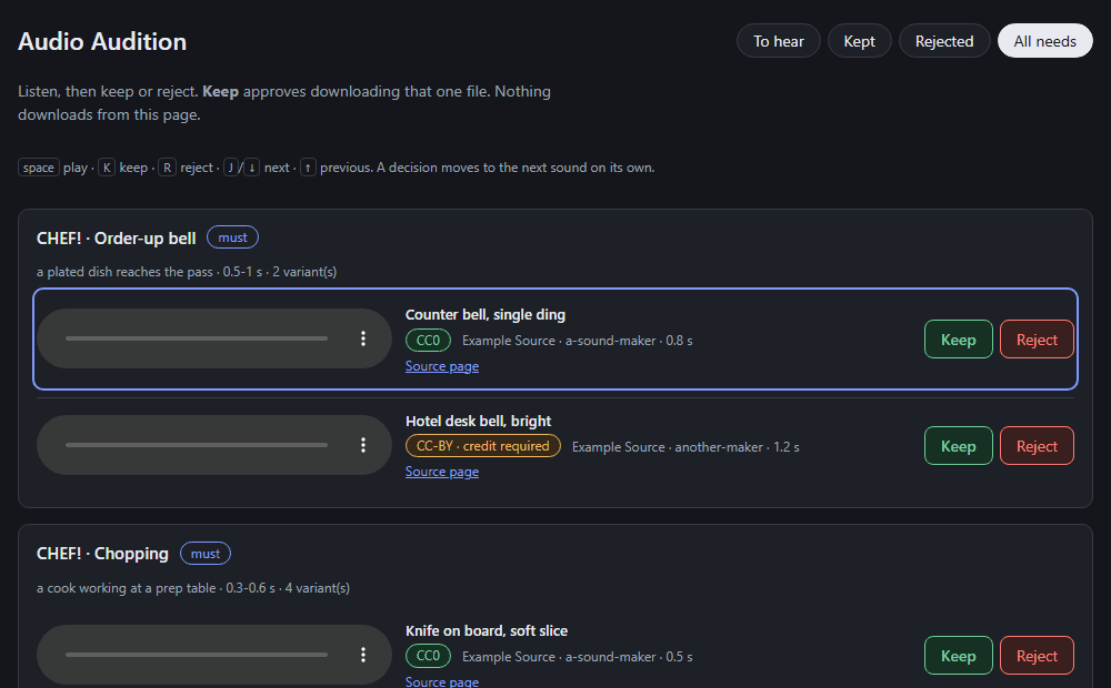 An audition app for picking game sounds, and 198 candidates for CHEF! screenshot
