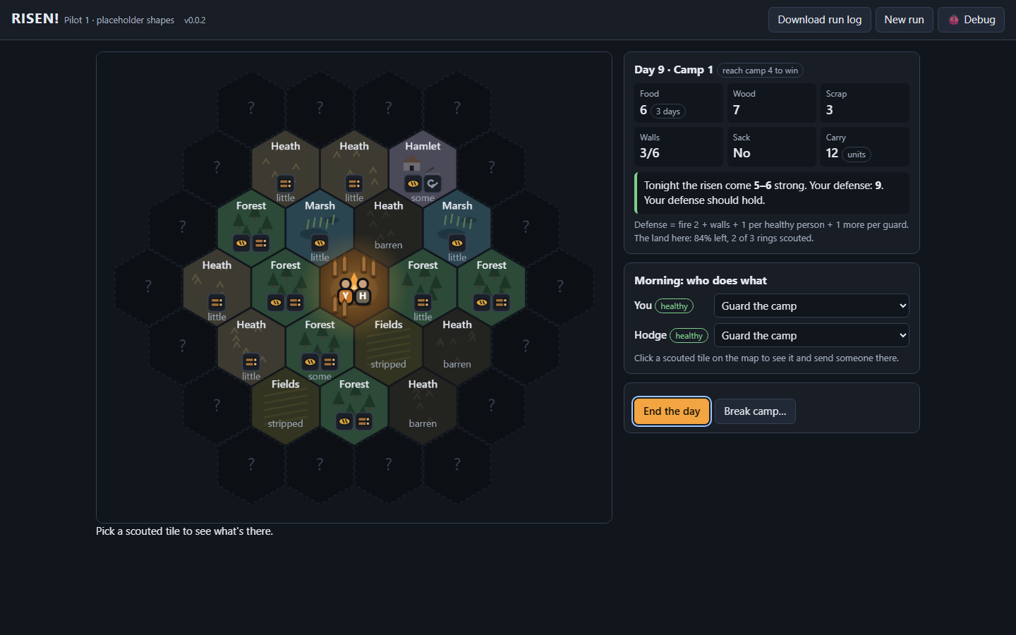 Coded placeholder art: people, the risen, the camp and the land screenshot
