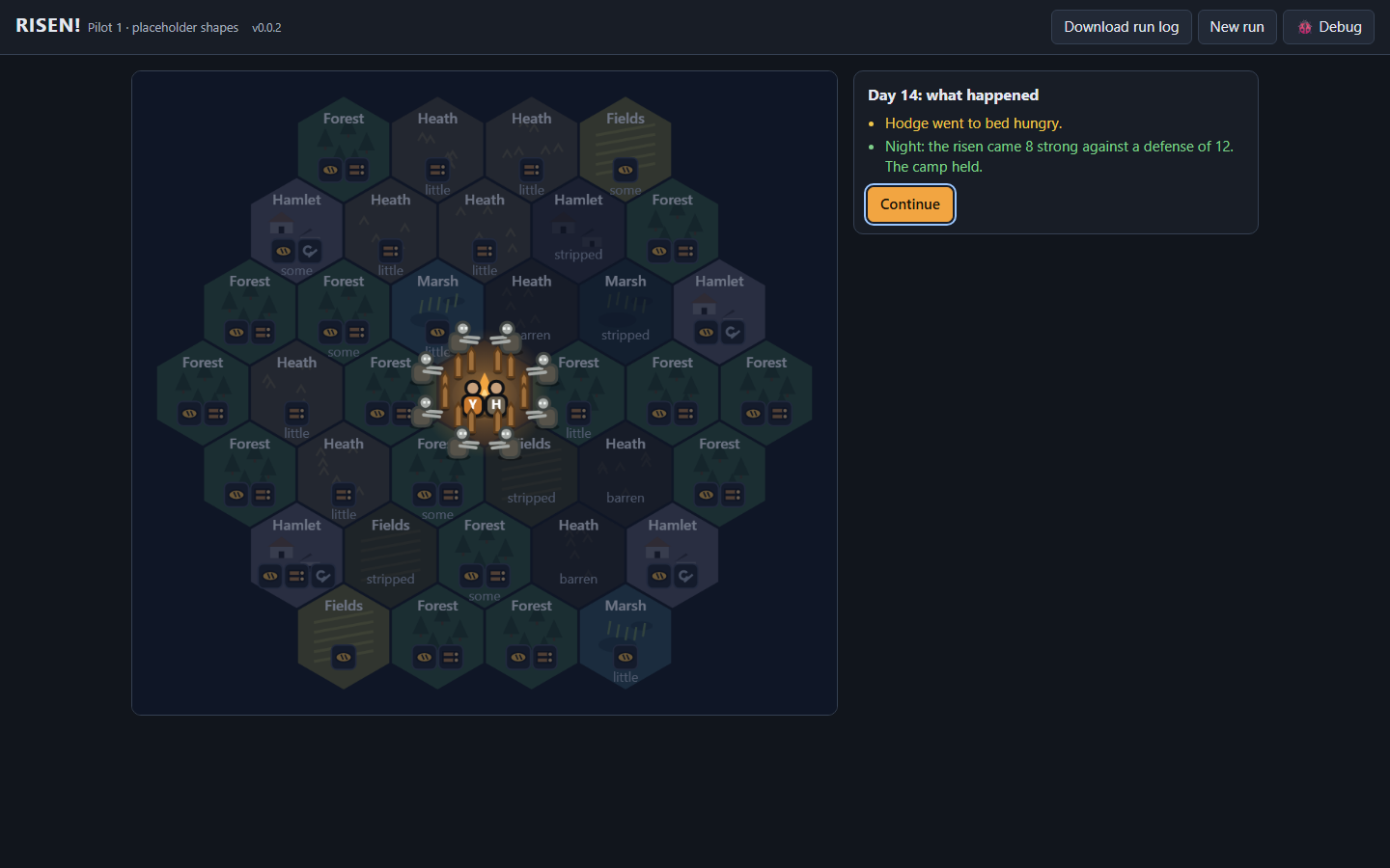 Coded placeholder art: people, the risen, the camp and the land screenshot