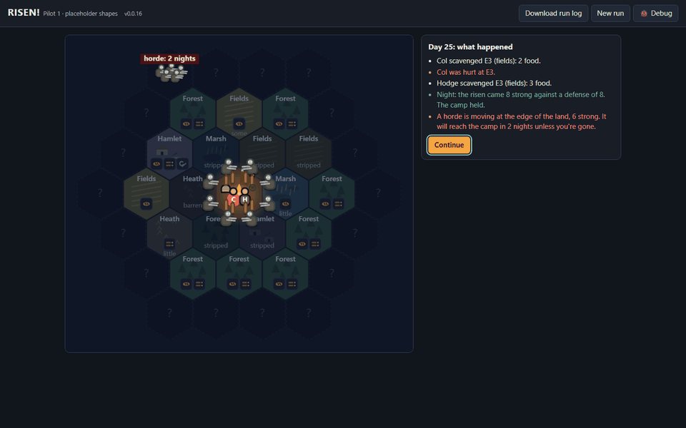 Coded placeholder art: people, the risen, the camp and the land screenshot