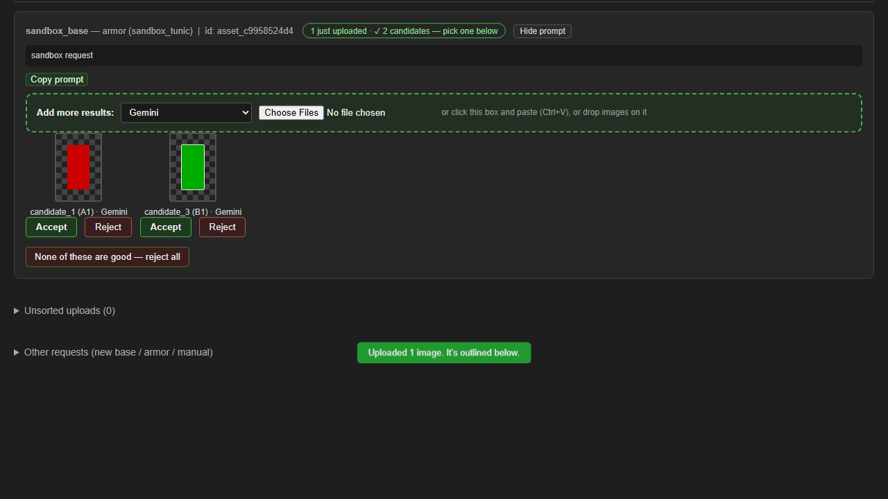 Drag-and-drop uploads that record the generator (v0.15.0) screenshot