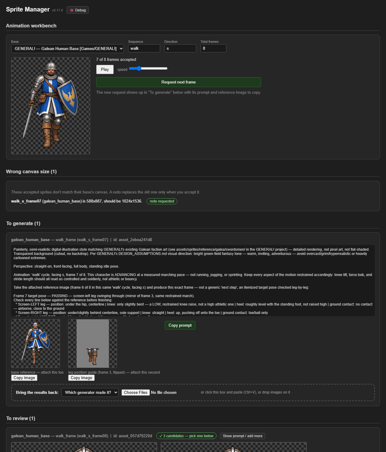Galean walk: frames 2 and 5 fixed, frame 7 redo requested screenshot
