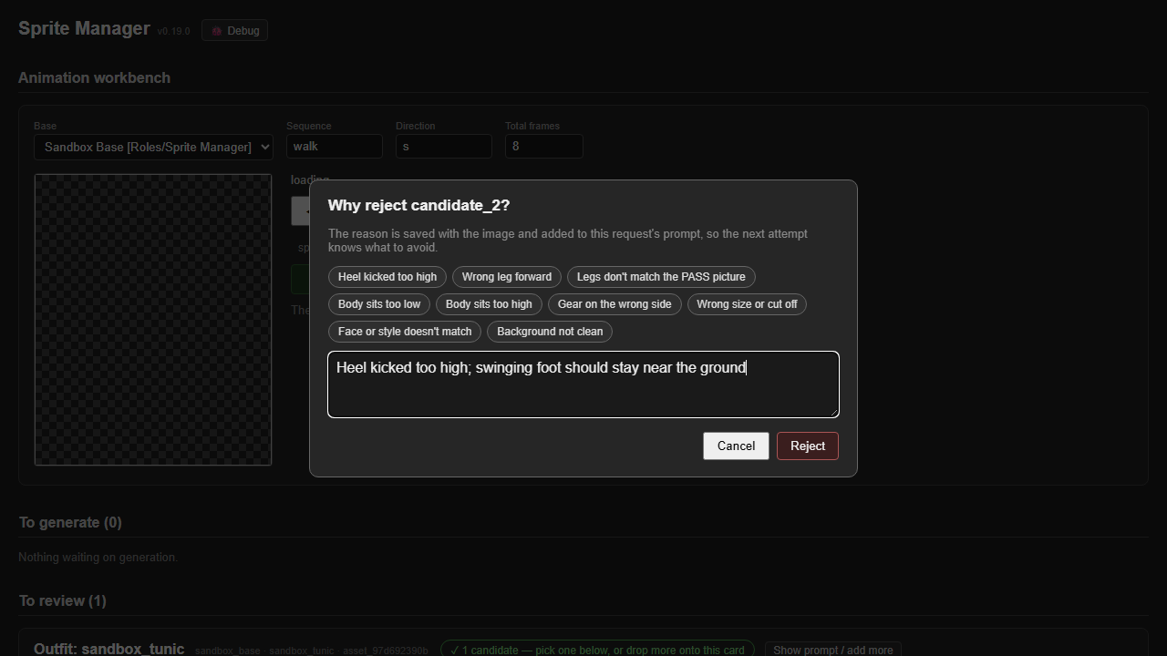 Say why when rejecting; the prompt learns from it (v0.19.0) screenshot