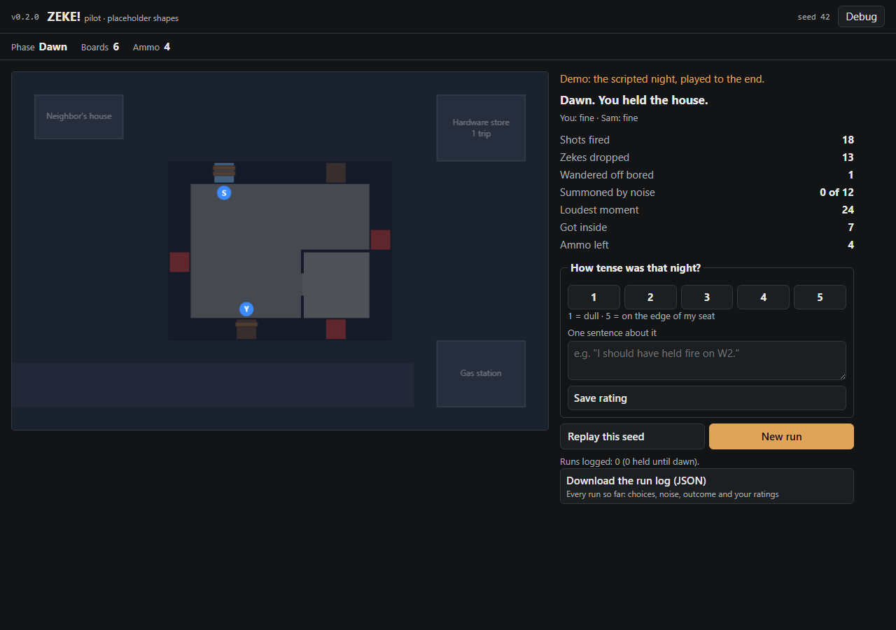 Pilot v0.2.0: the run log and the tension rating screenshot